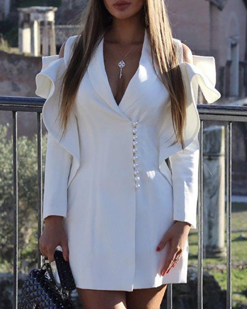 

Solid Beaded Cold Shoulder Ruffles Insert Long Sleeve Blazer Dress, White