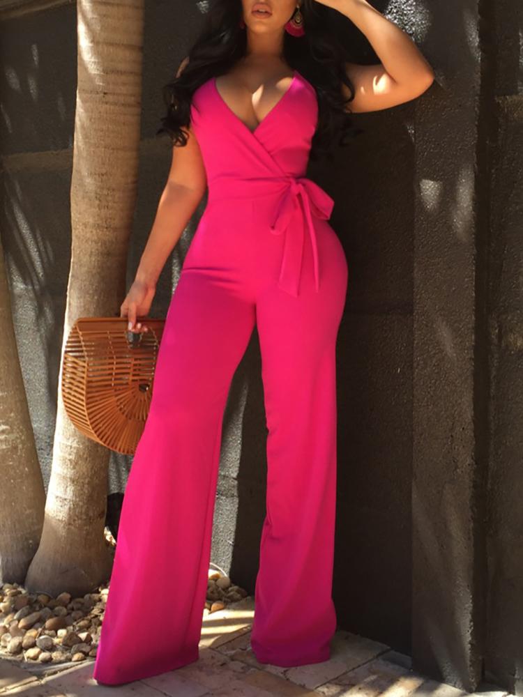 

Oversize Halter Backless Belted Deep V Wrap Jumpsuit, Hot pink
