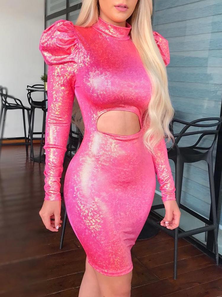 

Gigot Sleeve Cutout Waist Glitter Dress, Hot pink