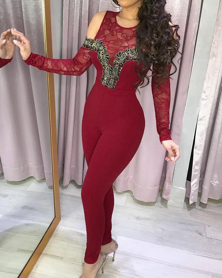 

Cold Shoulder Lace Splicing Jumpsuit, Wine red