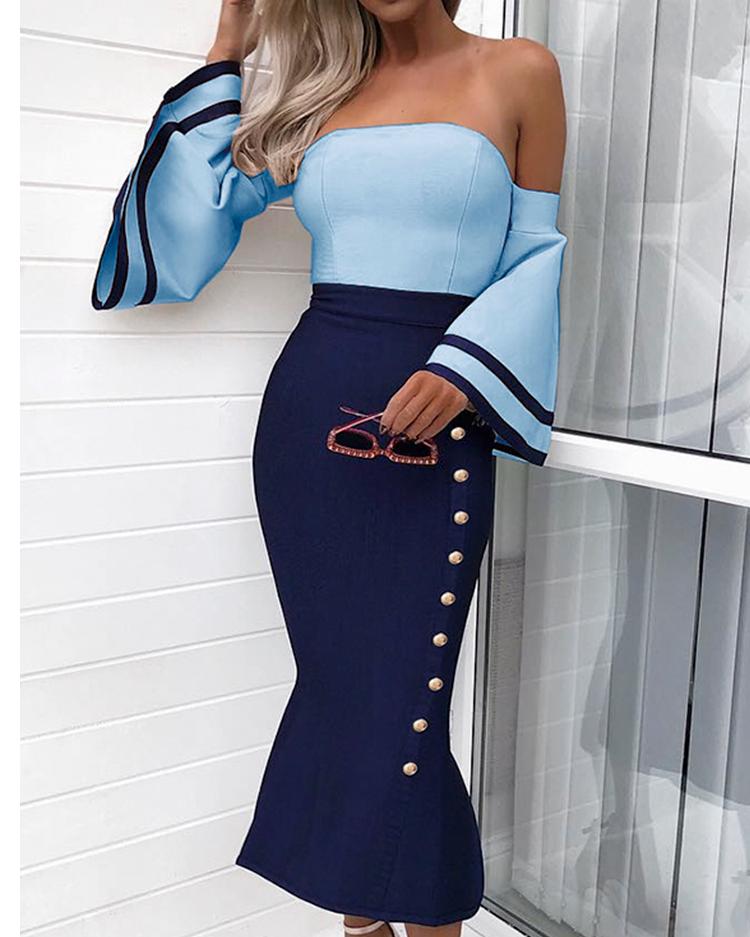 

Bell Sleeve Button Design Cocktail Party Dress, Blue
