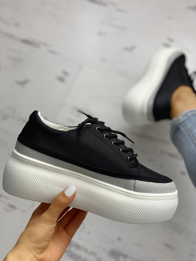 

Lace-up PU Platform Sneakers, Black