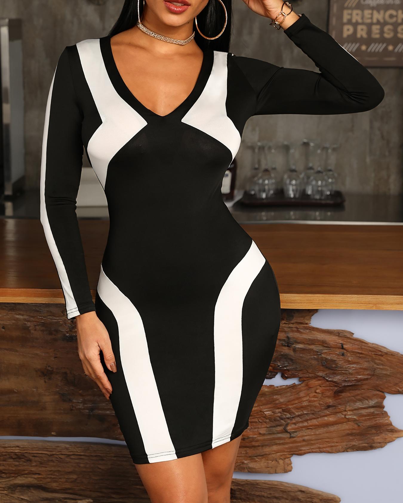 

Formal Contrast Color Deep V Sheath Dress, Black