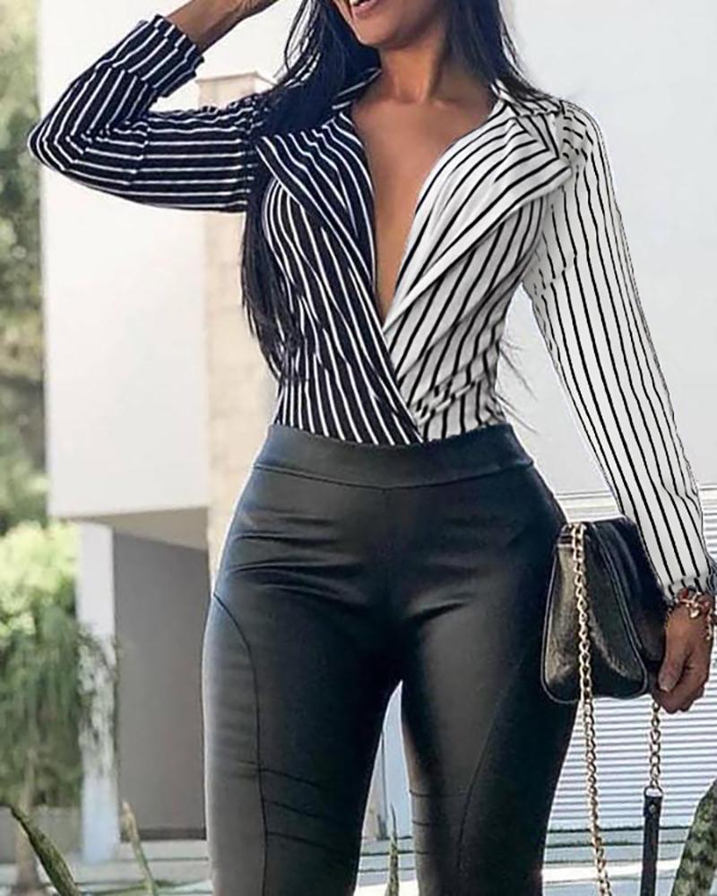 

Colorblock Striped Long Sleeve Bodysuit, Black