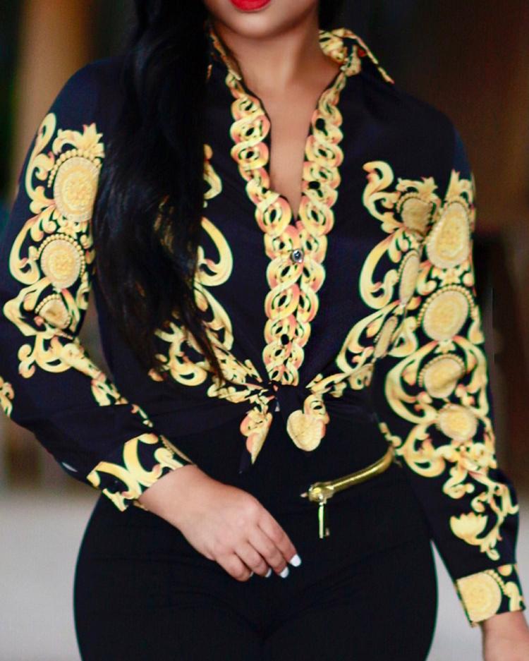 

Retro Print Knot Front Blouse, Black