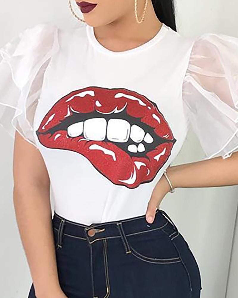 

Lip Print Sheer Mesh Sleeve T-shirt, White