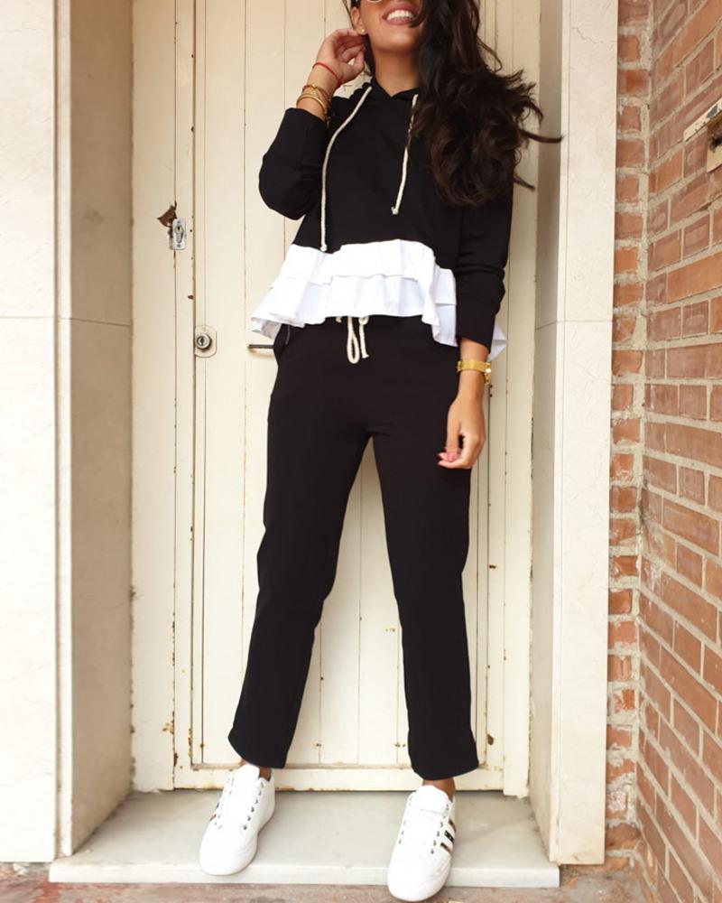 

Ruffles Hem Long Sleeve Hooded Top & Drawstring Pants Set, Black