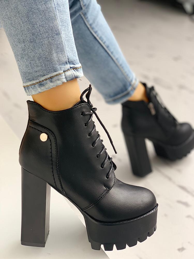 

PU Platform Lace-Up Chunky Heeled Boots