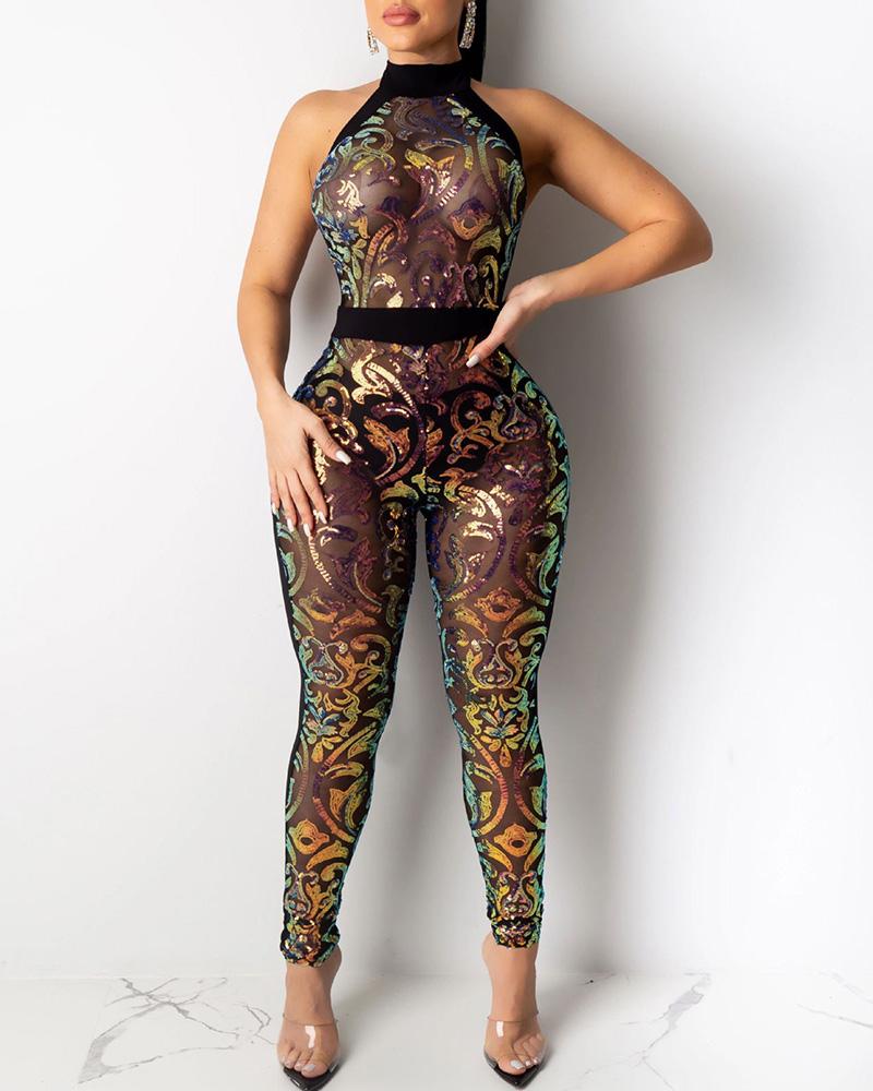 

Glitter Mock Neck Sleeveless Sheer Mesh Sequins Jumpsuit, Gold