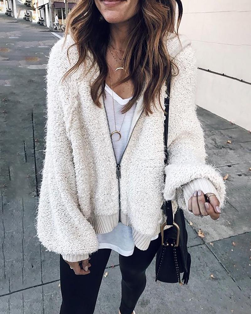 

Solid Hooded Zipper Design Casual Coat, Beige
