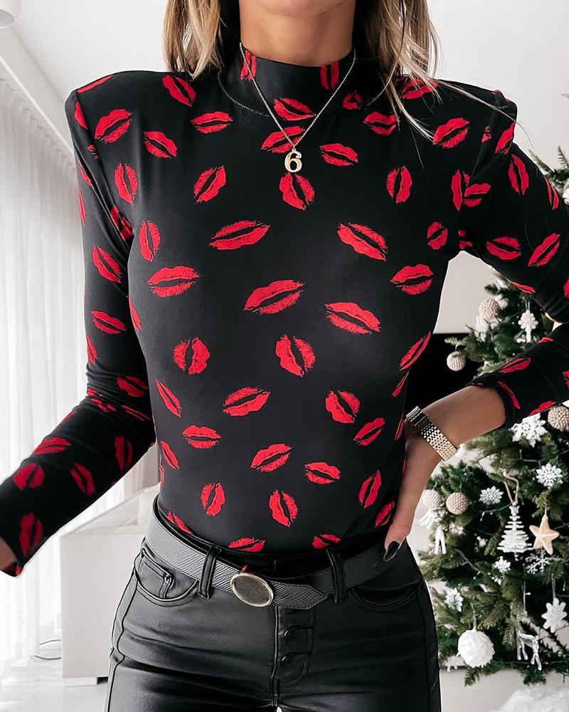 

Padded Shoulder Lip Print Top, Black