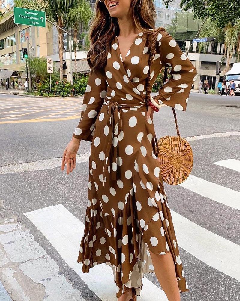 

Dot Print V-Neck Wrap Casual Dress