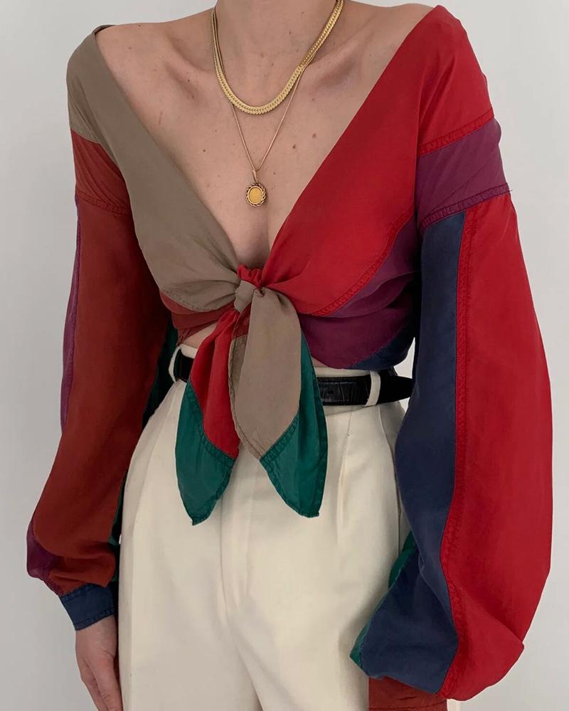 

V-Neck Tie Contrast Color Blouse, Multicolor