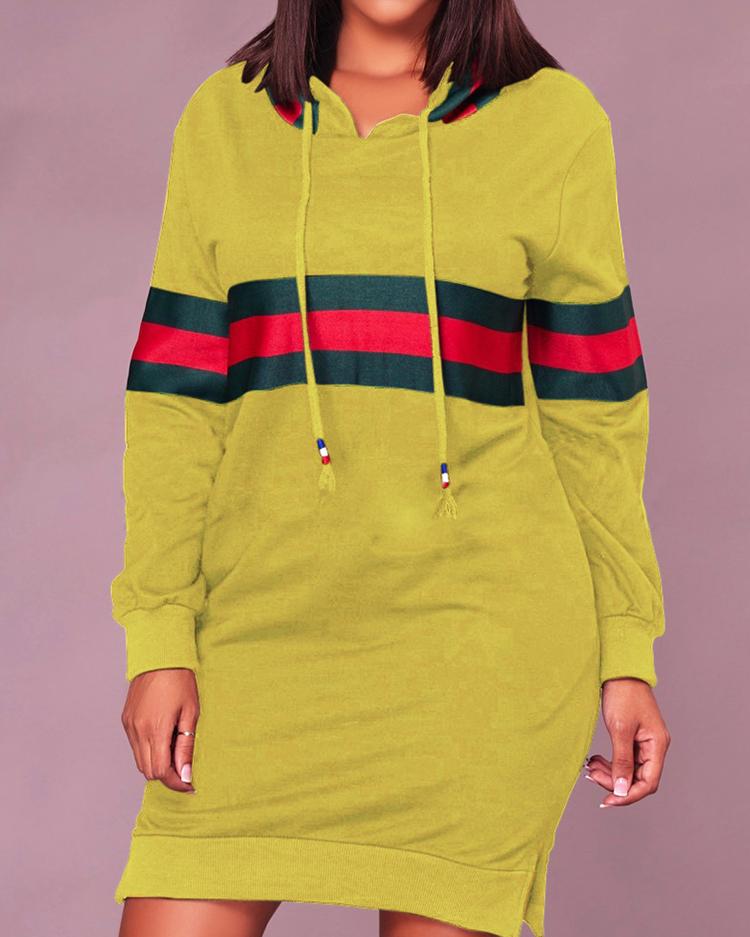 

Contrast Wide Stripes Slit Hooded Sweatshirt Dress, Yellow