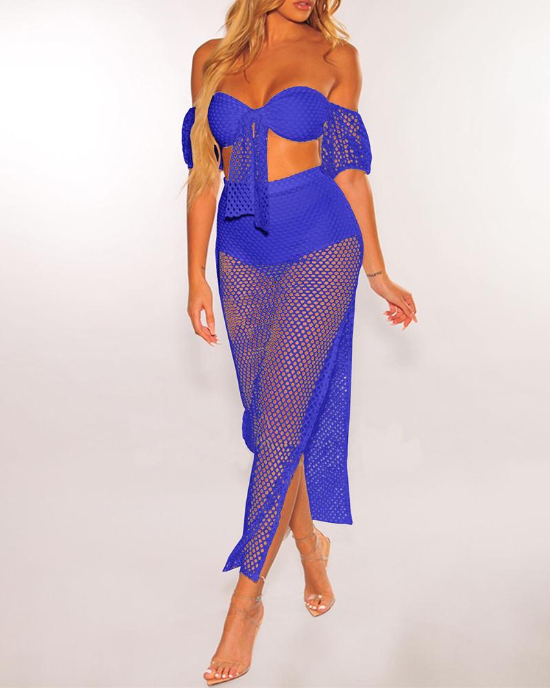 

Sheer Off Shoulder Fishnet Crop Top & Skirt Sets, Blue