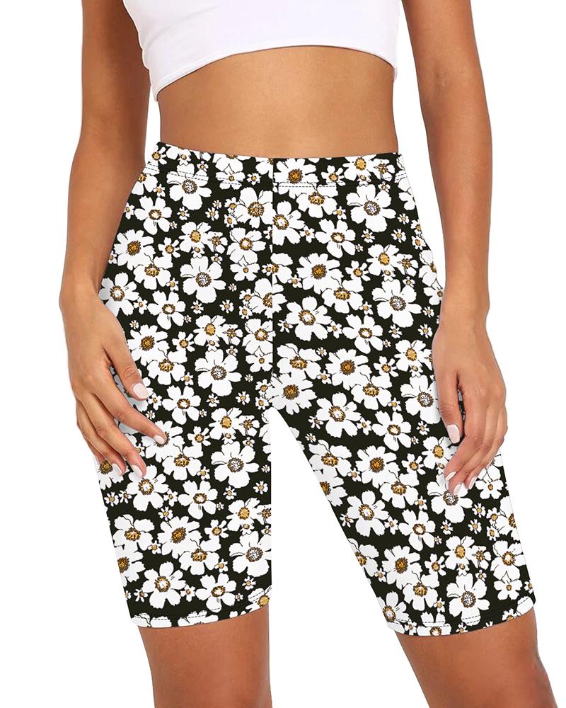 

Daisy Print Wide Waistband Biker Shorts, Black