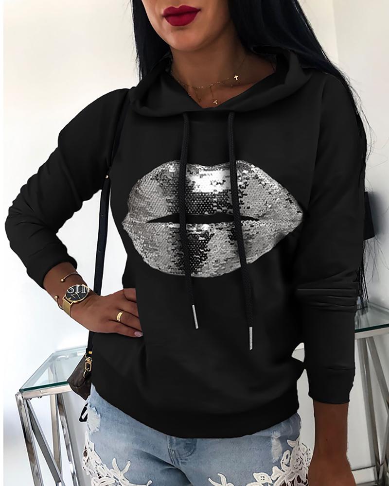 

Hooded Drawstring Sequins Mouth Pattern Sweatshirt, Black