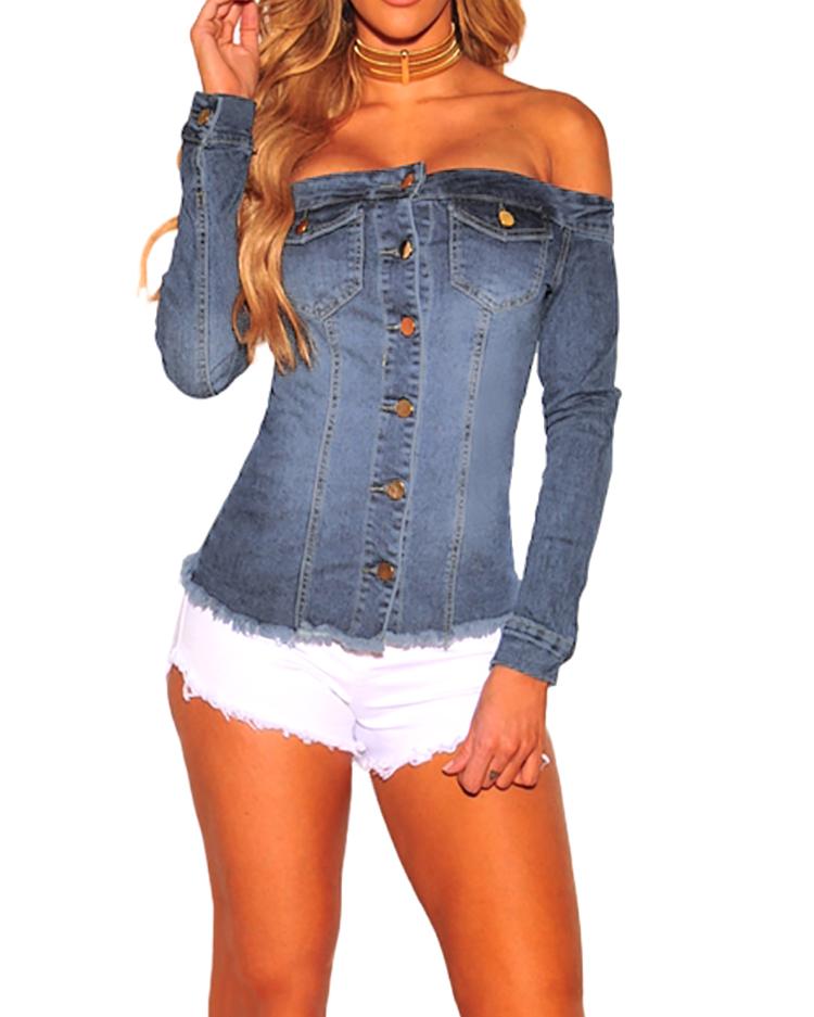 

Fashion Off Shoulder Button Denim Casual Top, Light blue