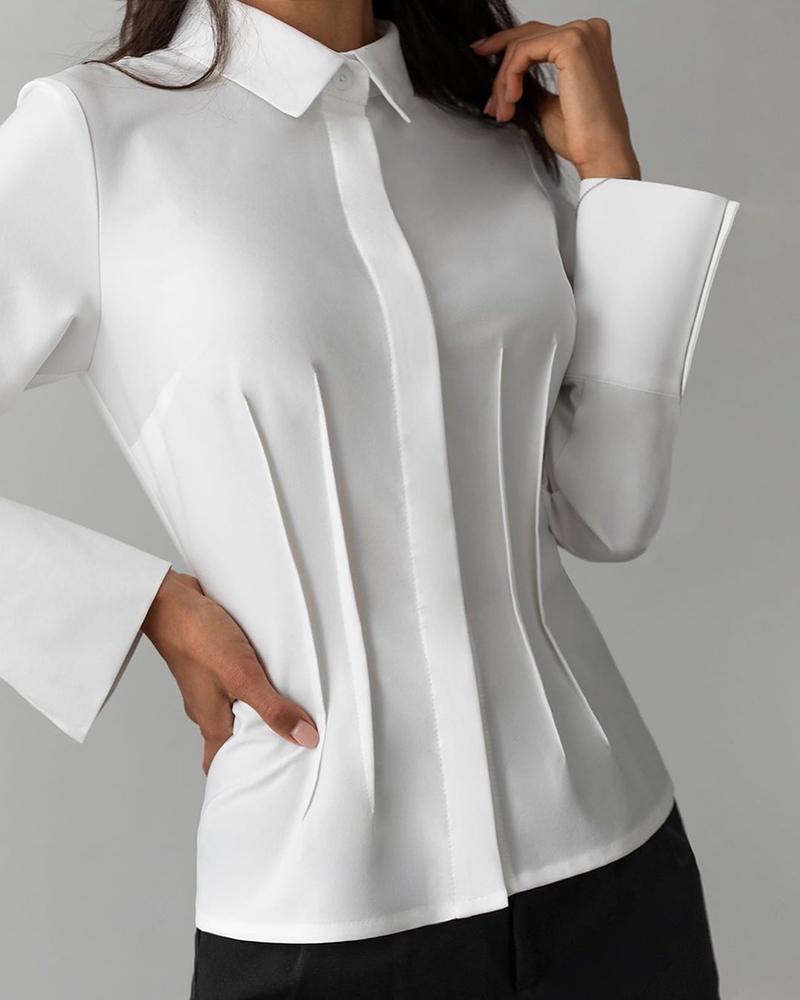 

Plain Ruched Buttoned Casual Shirt, White