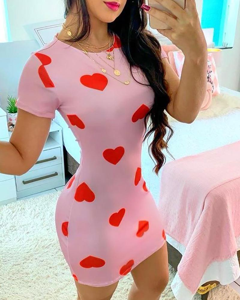

Heart Print Short Sleeve Bodycon Dress, Pink