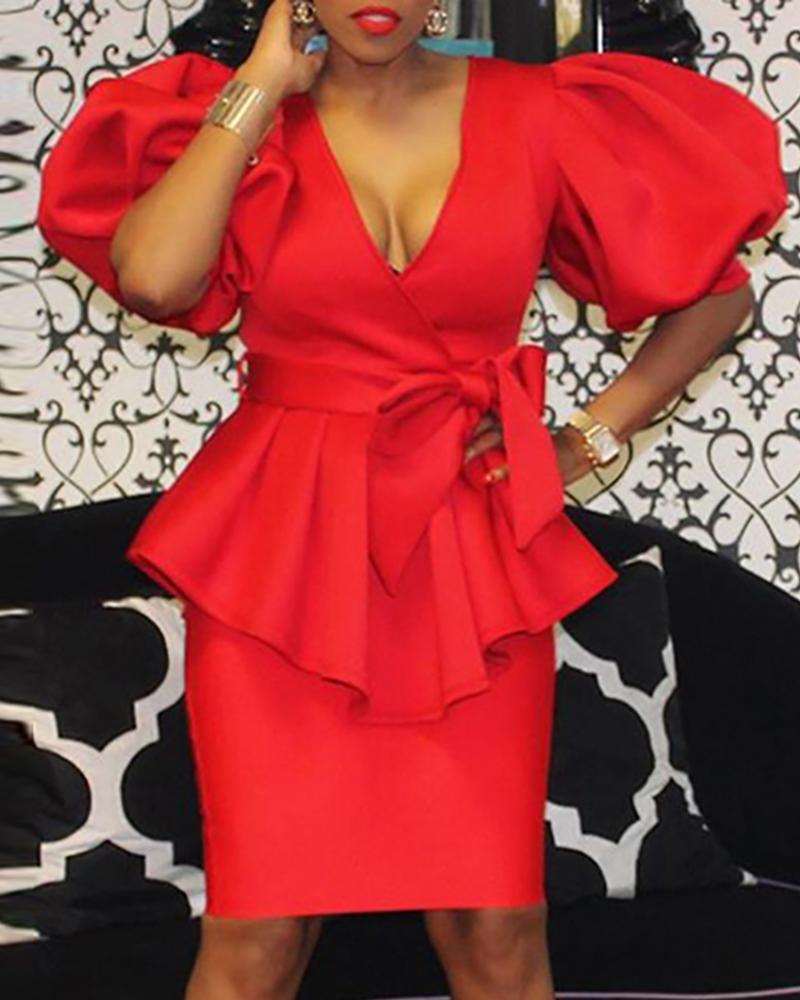 

Puffed Short Sleeve Peplum Top & Skirt Sets, Red