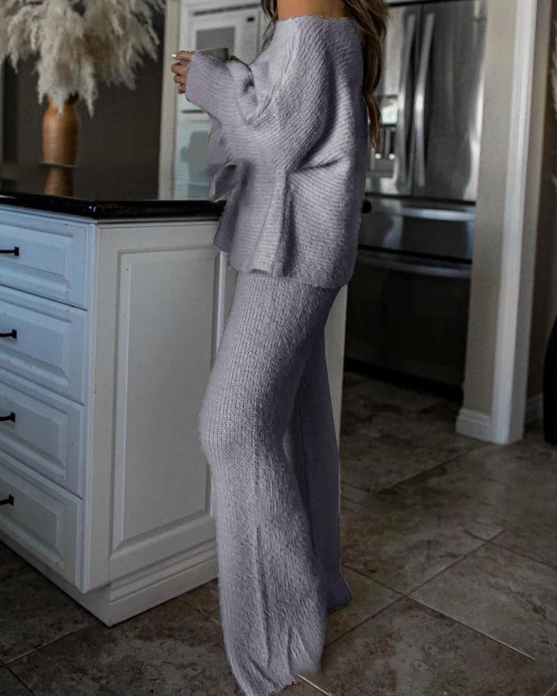 

Fluffy Plain Long Sleeve Top & Pants Set, Gray
