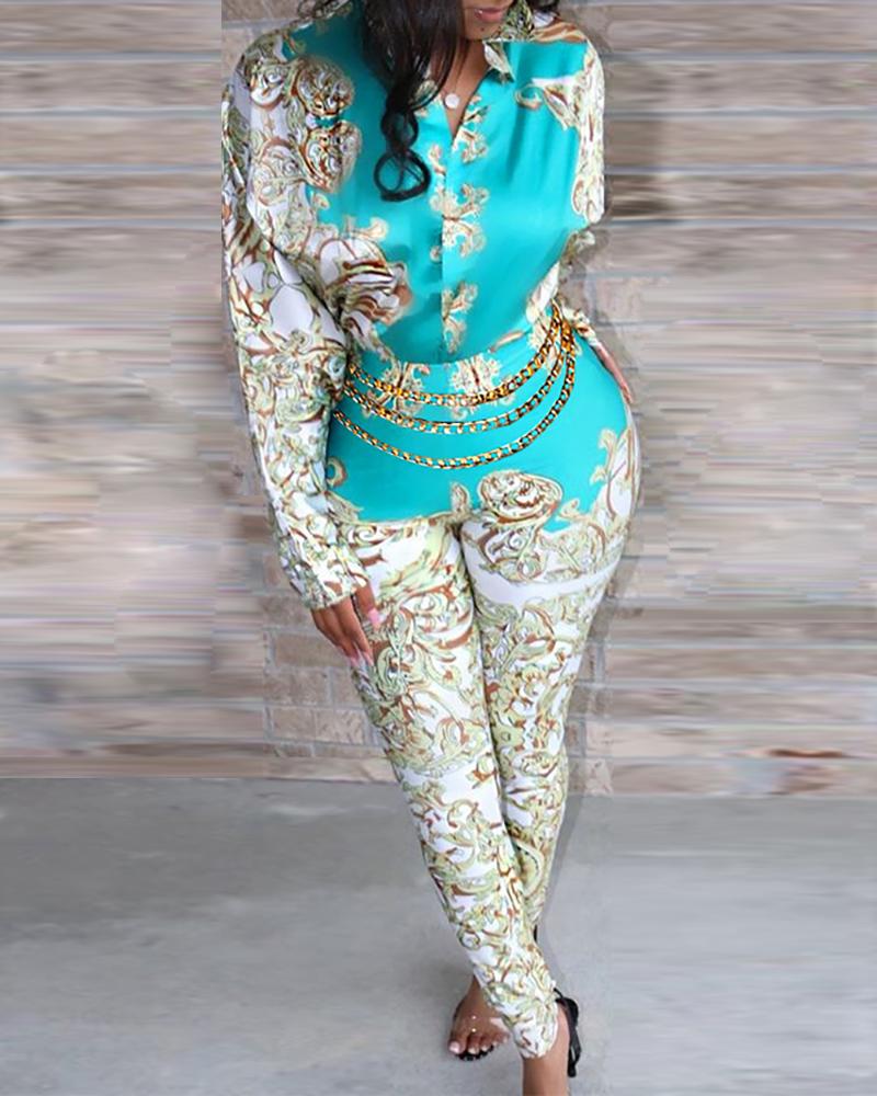 

Baroque Print Long Sleeve Jumpsuit, Blue
