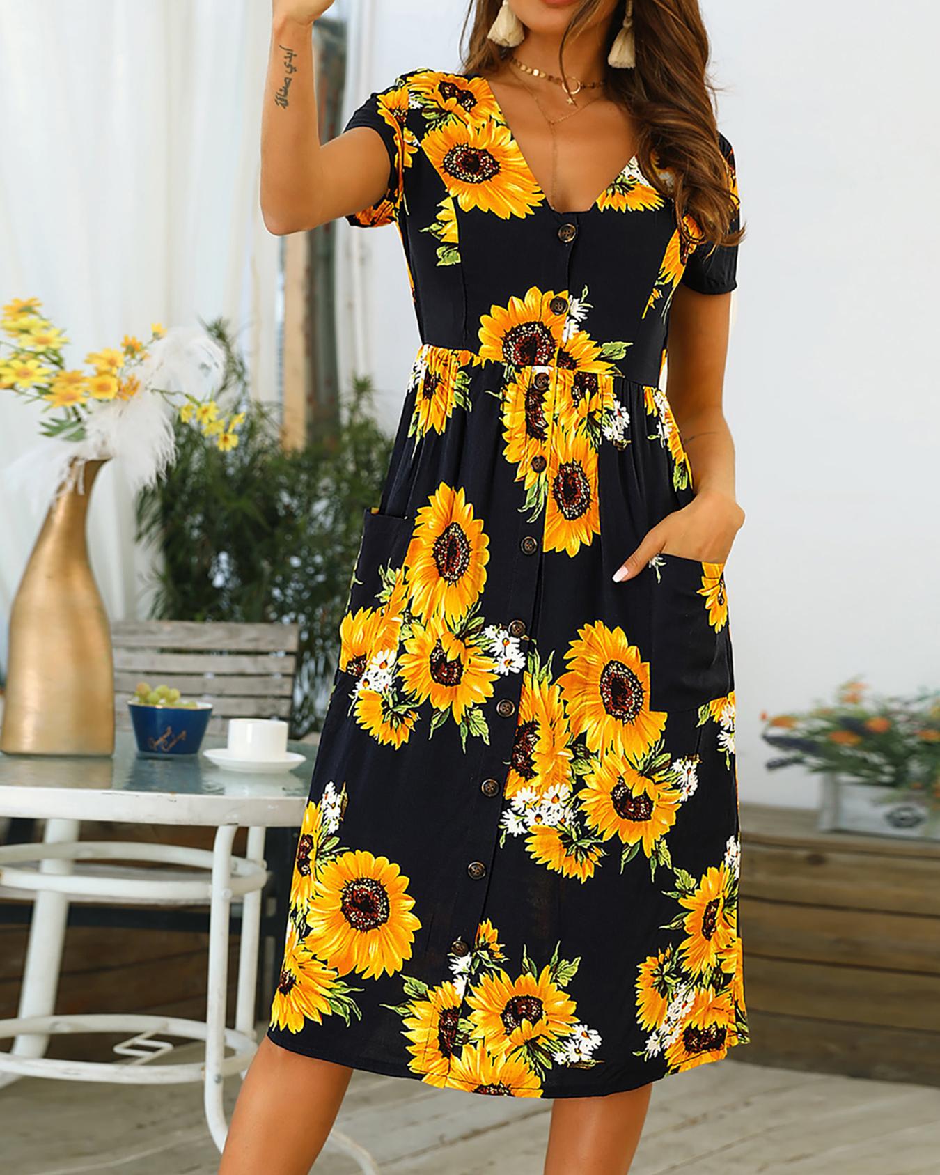 

Button Up Pocket Design Floral Print Dress, Purplish blue