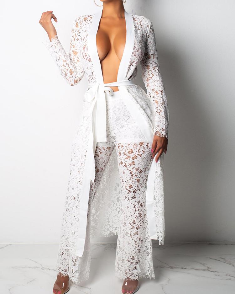 

Lace Open Front Long Coat & Wide Leg Pants Sets