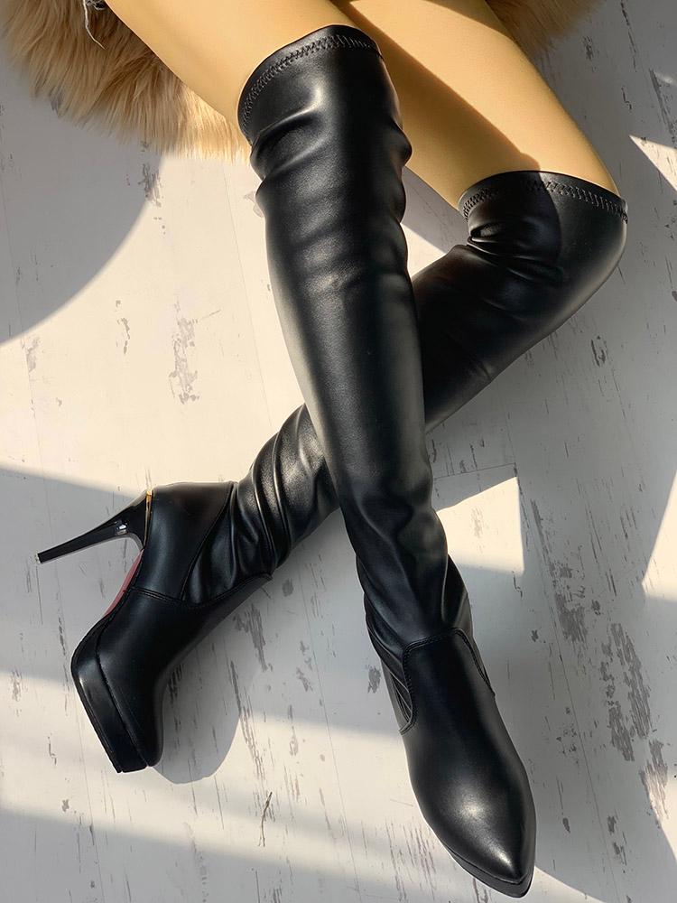 

Point Toe Thin Heeled Over Knee Boots, Black