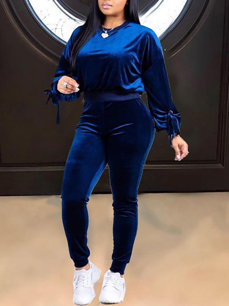 

Solid Velvet Tied Sleeve Binding Tracksuits, Blue