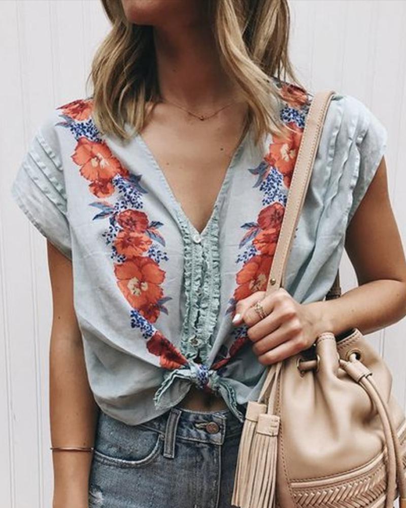 

Short Sleeve Floral Print Knotted Blouse