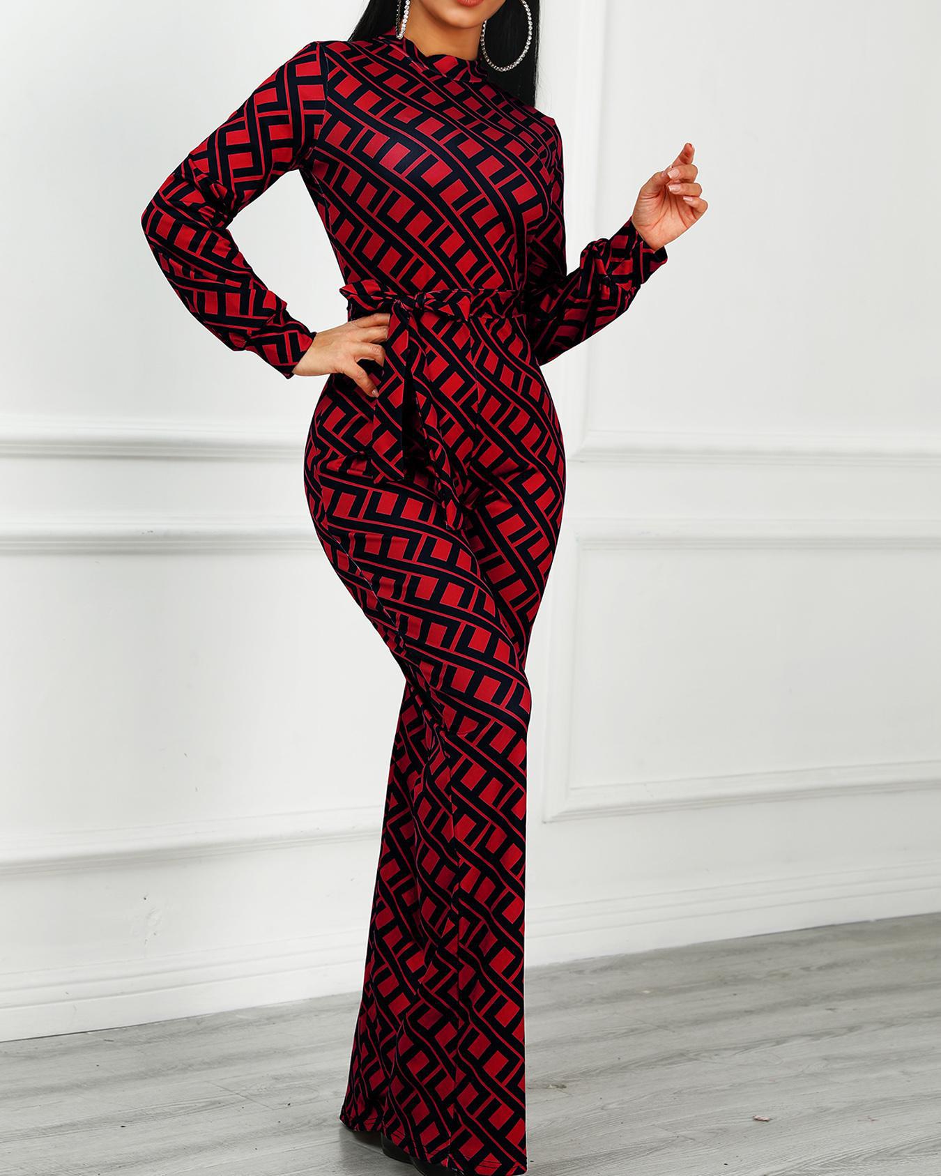 

Geo Print Long Sleeve Belted Jumpsuits