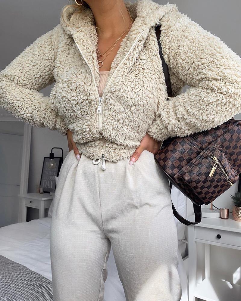 

Solid Zip Front Teddy Jacket, Apricot