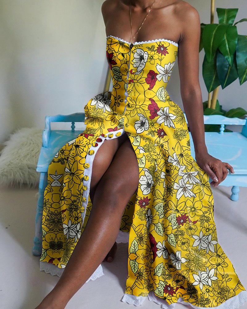 

Blooming Floral Print Buttoned Maxi Dress, Yellow