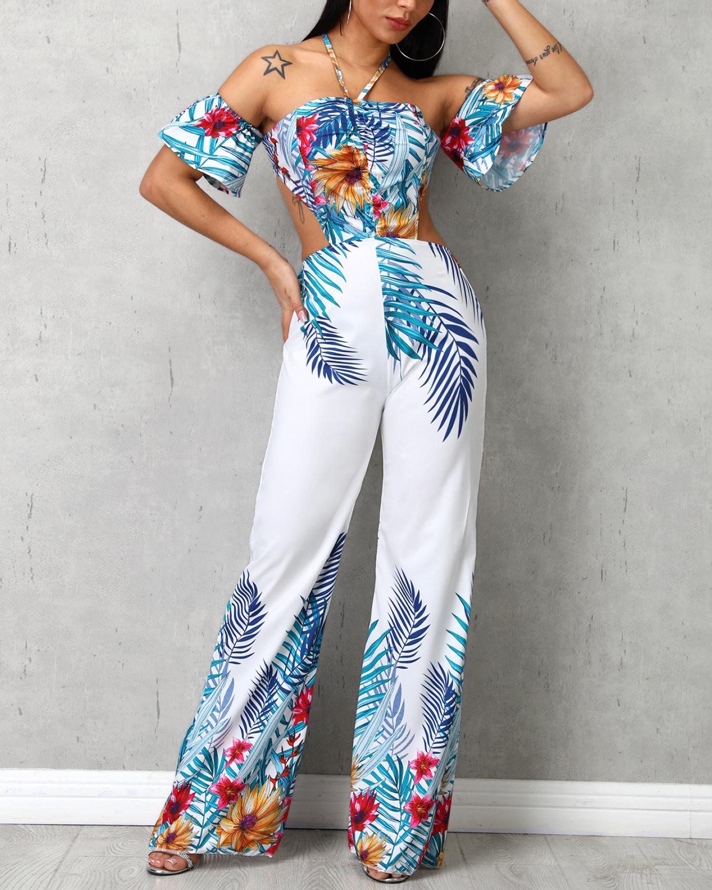 

Off Shoulder Print Knotted Back Jumpsuit, White
