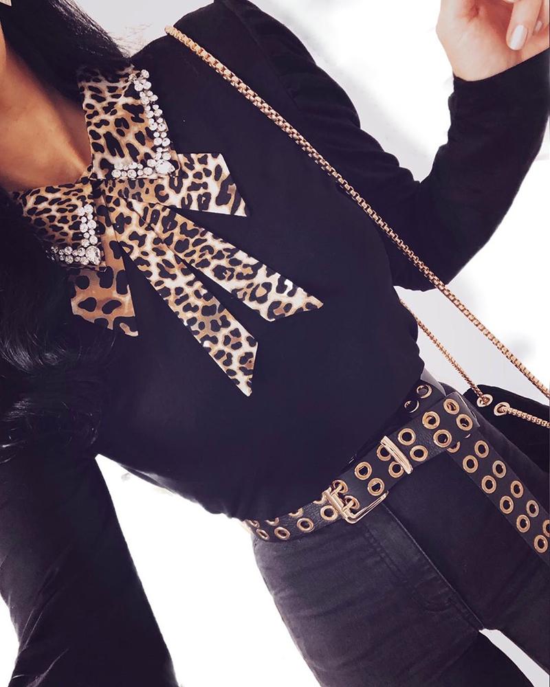 

Leopard Tied Neck Long Sleeve Shirt, Black