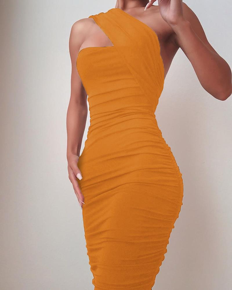 

One Shoulder Sleeveless Ruched Bodycon Dress, Yellow