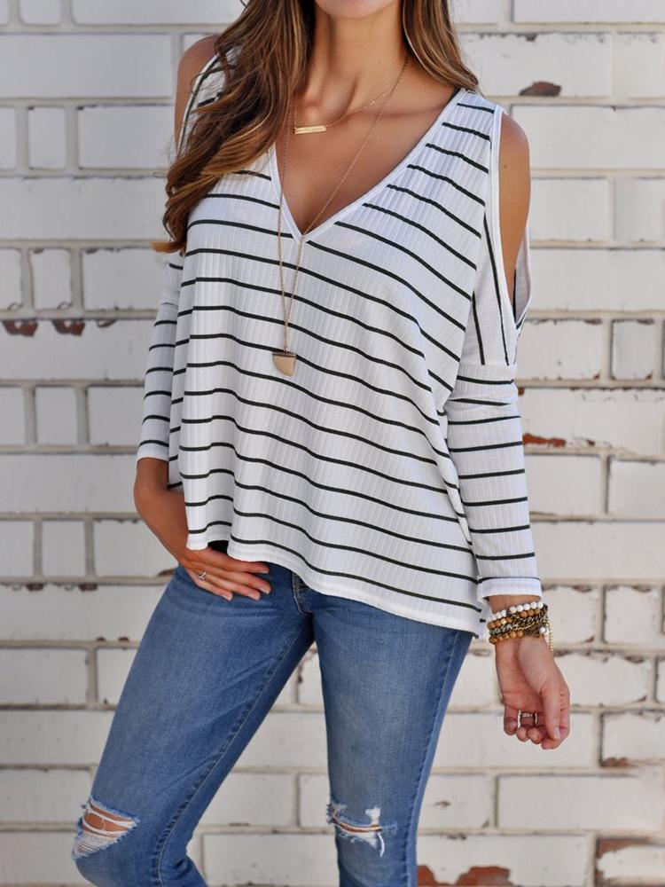 

Stripes Cold Shoulder V Neck Casual Blouse, White