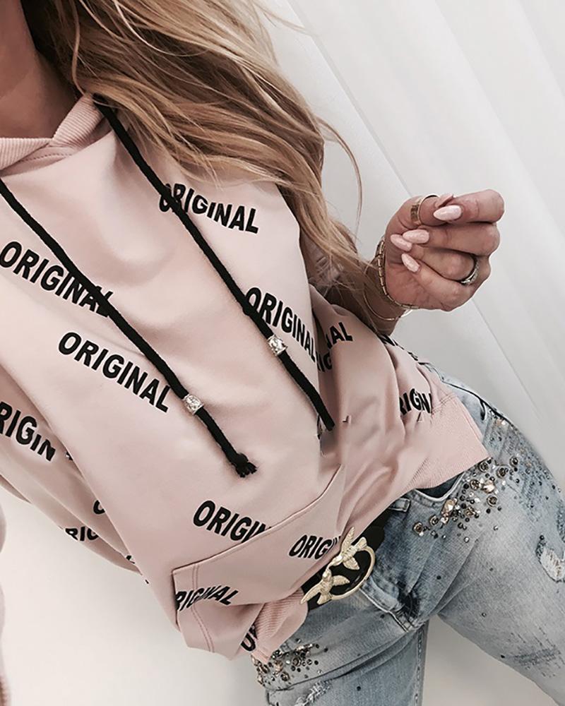 

Hooded Drawstring Letter Print Long Sleeve Sweatshirt, Pink