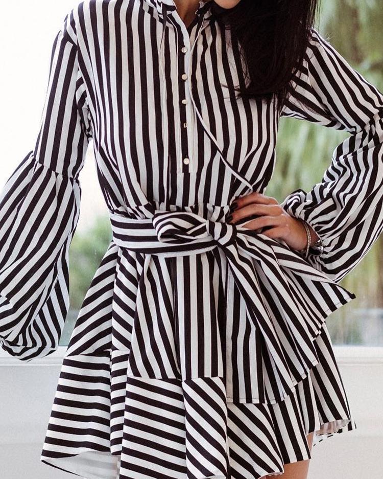 

Striped Bishop Sleeve Tied Waist Shirt Dress, Black
