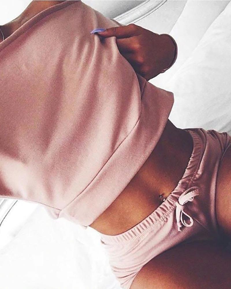 

Solid Off Shoulder Long Sleeve Top & Short Set, Pink