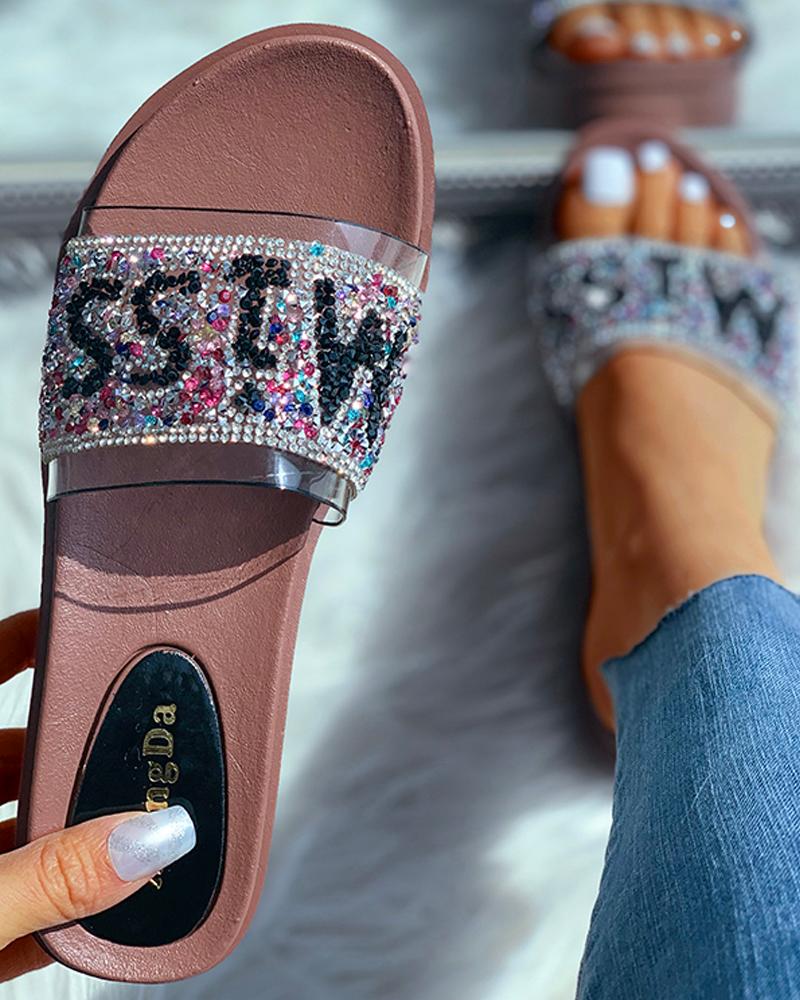 

Open Toe Studded Sequins Flat Sandals, Black
