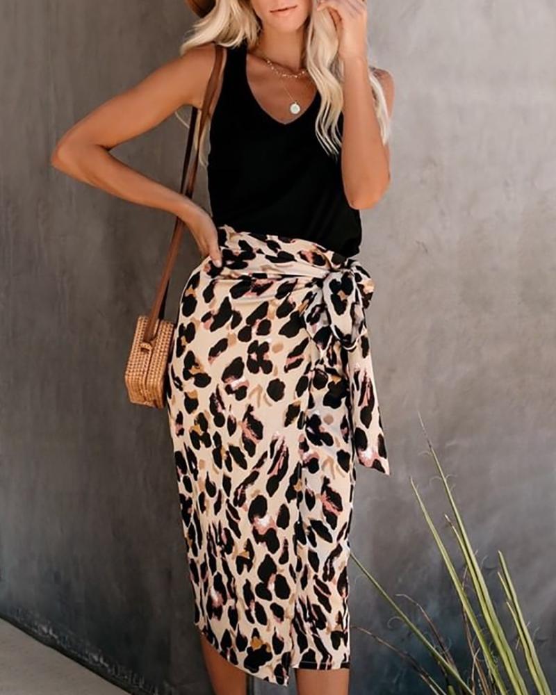 

High Waist Leopard Print Knotted Skirts, Multicolor