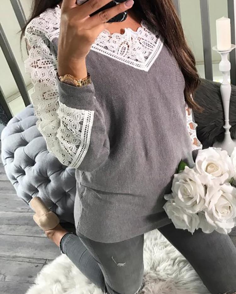 

Crochet Lace Patchwork Casual Sweater - Gray