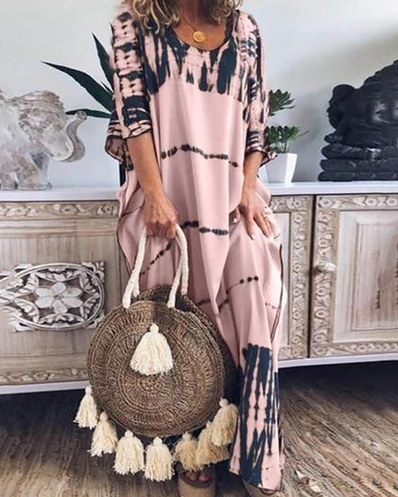 

Half Sleeve Tie Dye Print Casual Maxi Dress, Pink