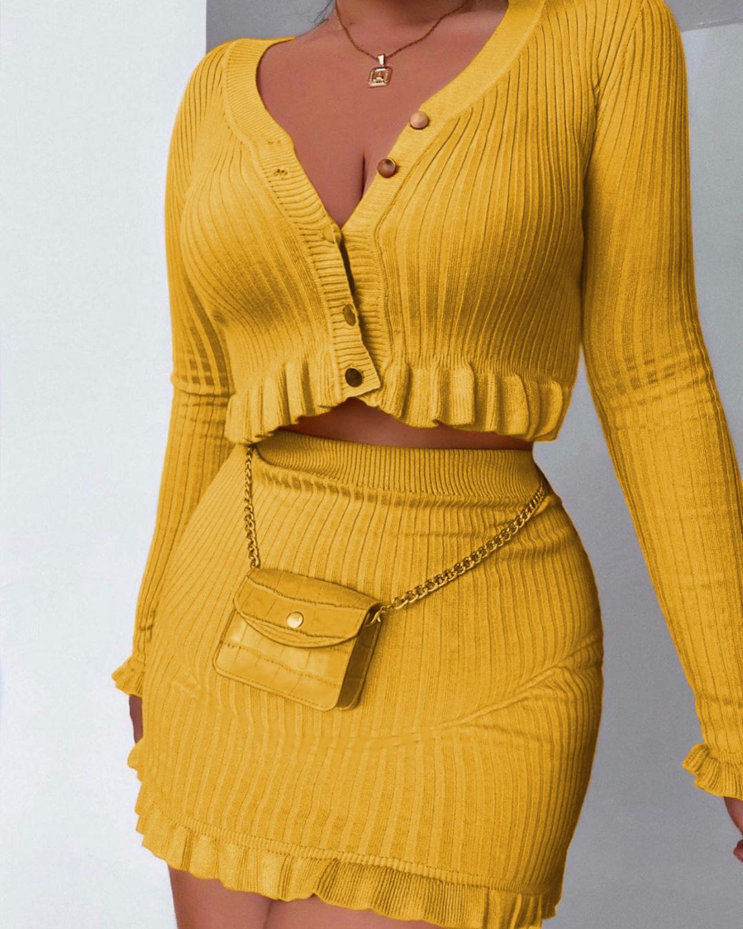 

Ribbed Buttoned Frill Trim Top & Skirt Sets, Yellow