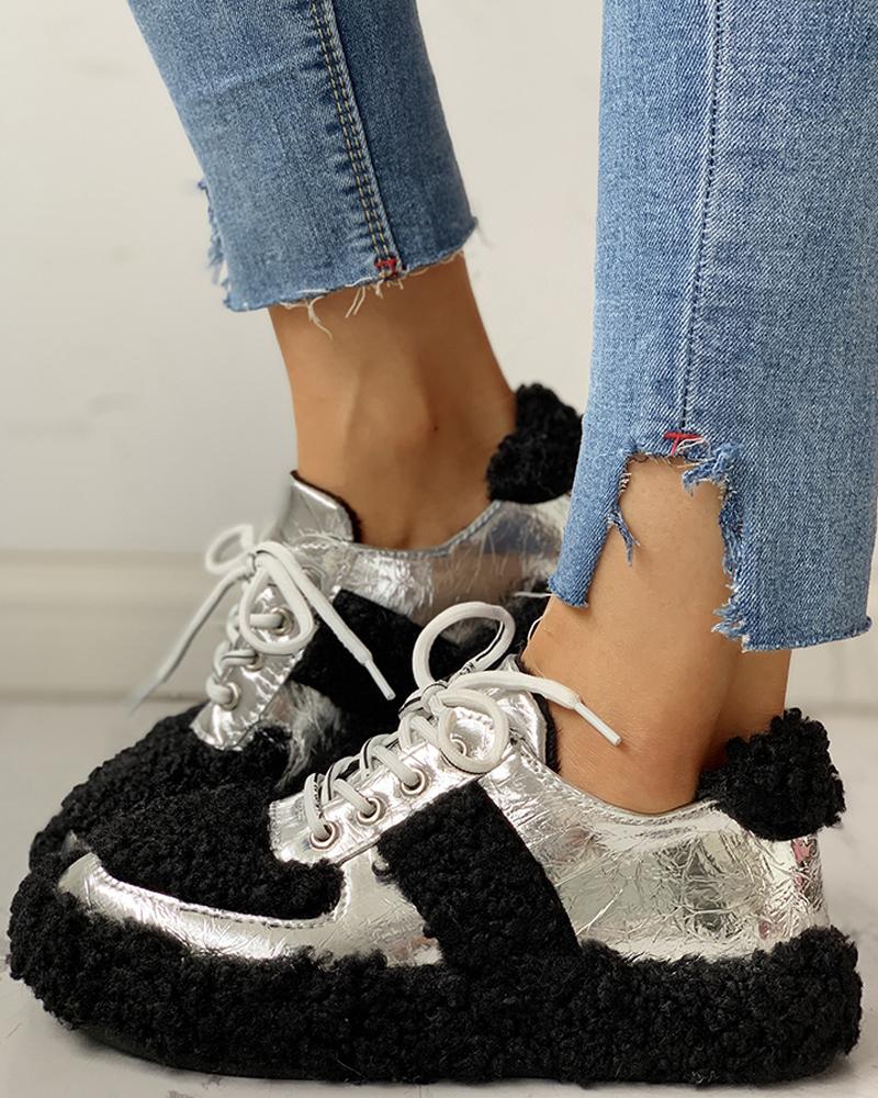 

Lace-Up Fluffy Casual Sneakers, Black