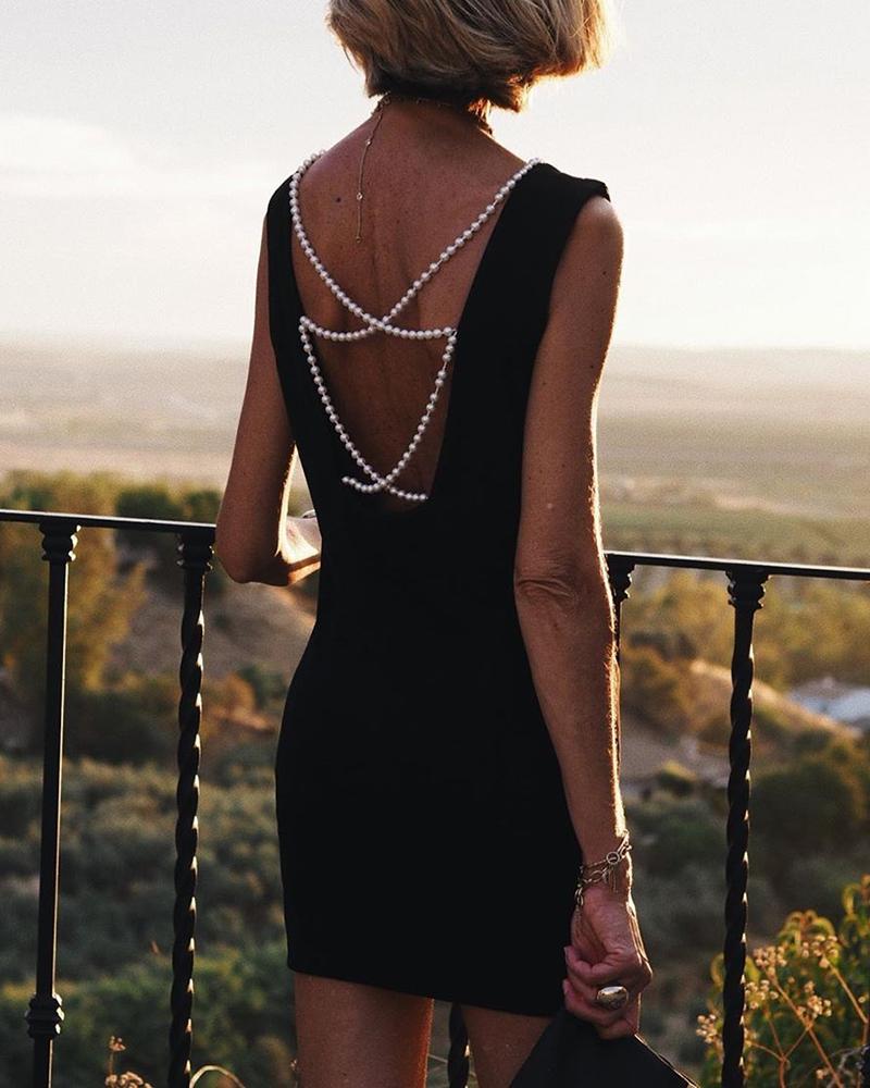 

Solid Sleeveless Pearl Design Backless Dress, Black