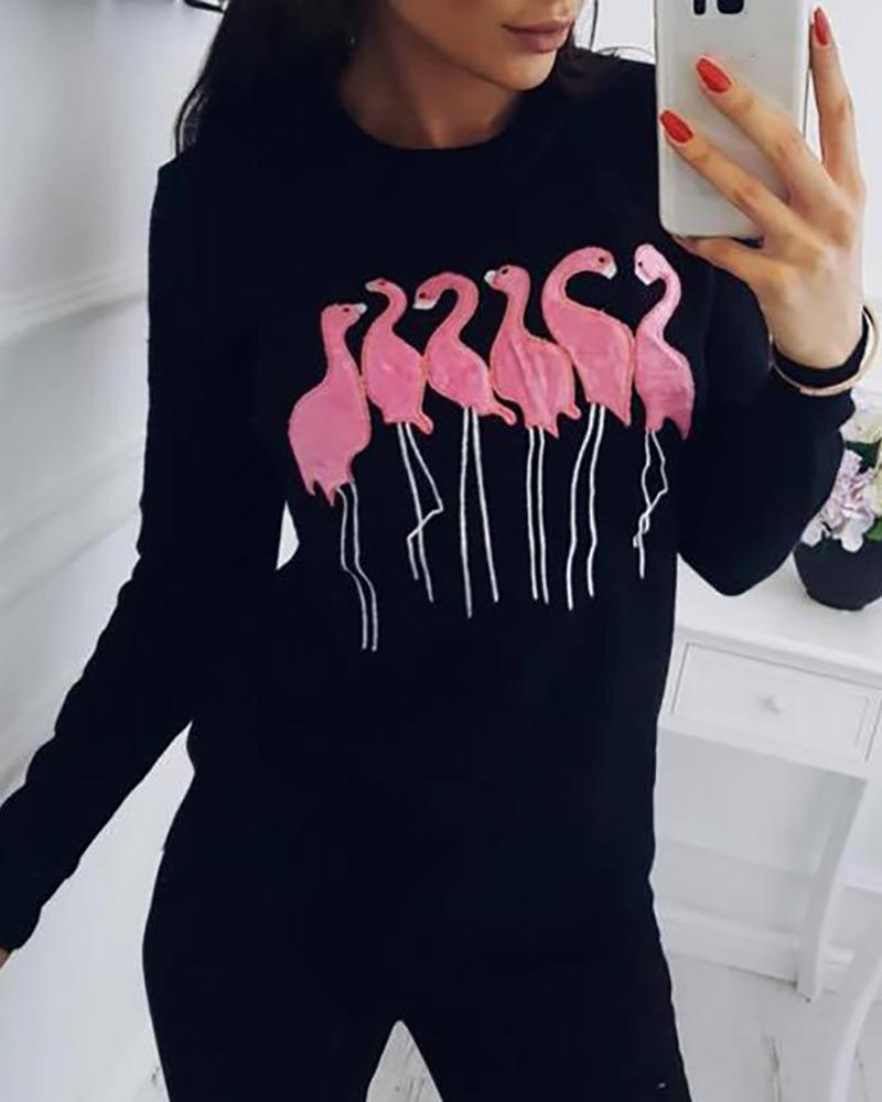 

Flamingo Embroidery Crew Neck Sweatshirt, Black